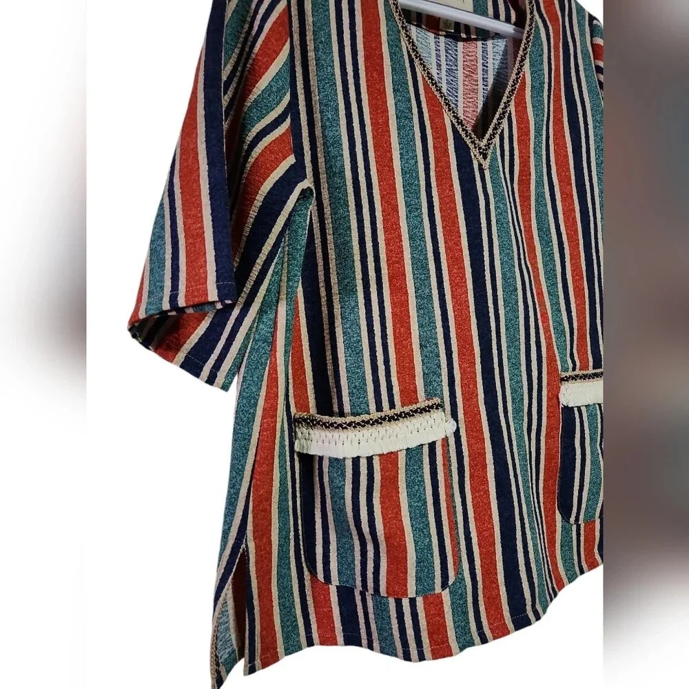 Moon River Striped Tunic Top S Boho Festival V Neck Pocket Blouse - Picture 3 of 7